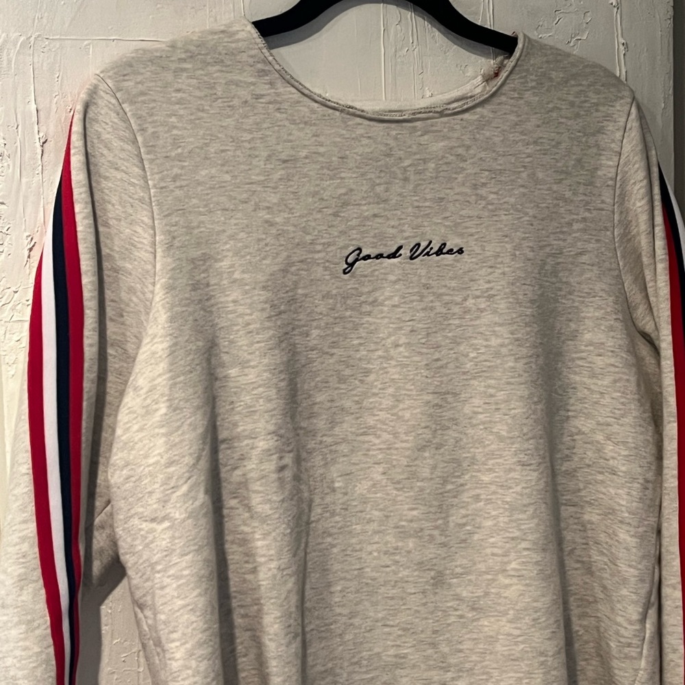 Good Vibes Sweatshirt LARGE Varsity Style Striped San Francisco Work Shirts Grey